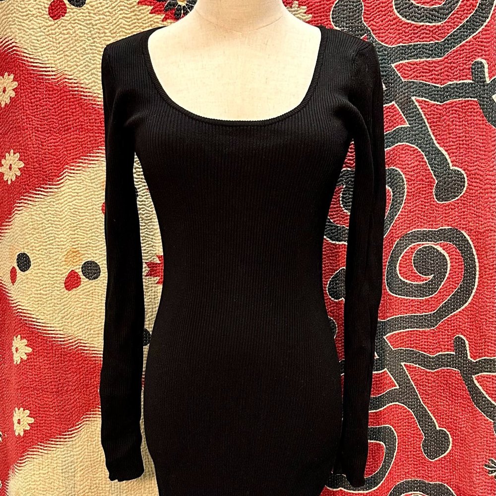 H&M Black Ribbed Knit Midi Dress Long Sleeves High Front Slit Size S